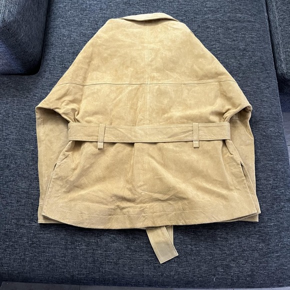 MNG Mango Leather Jacket Womens XS Tan Suede Belted Snap Front Shacket 53065708 - Picture 2 of 16